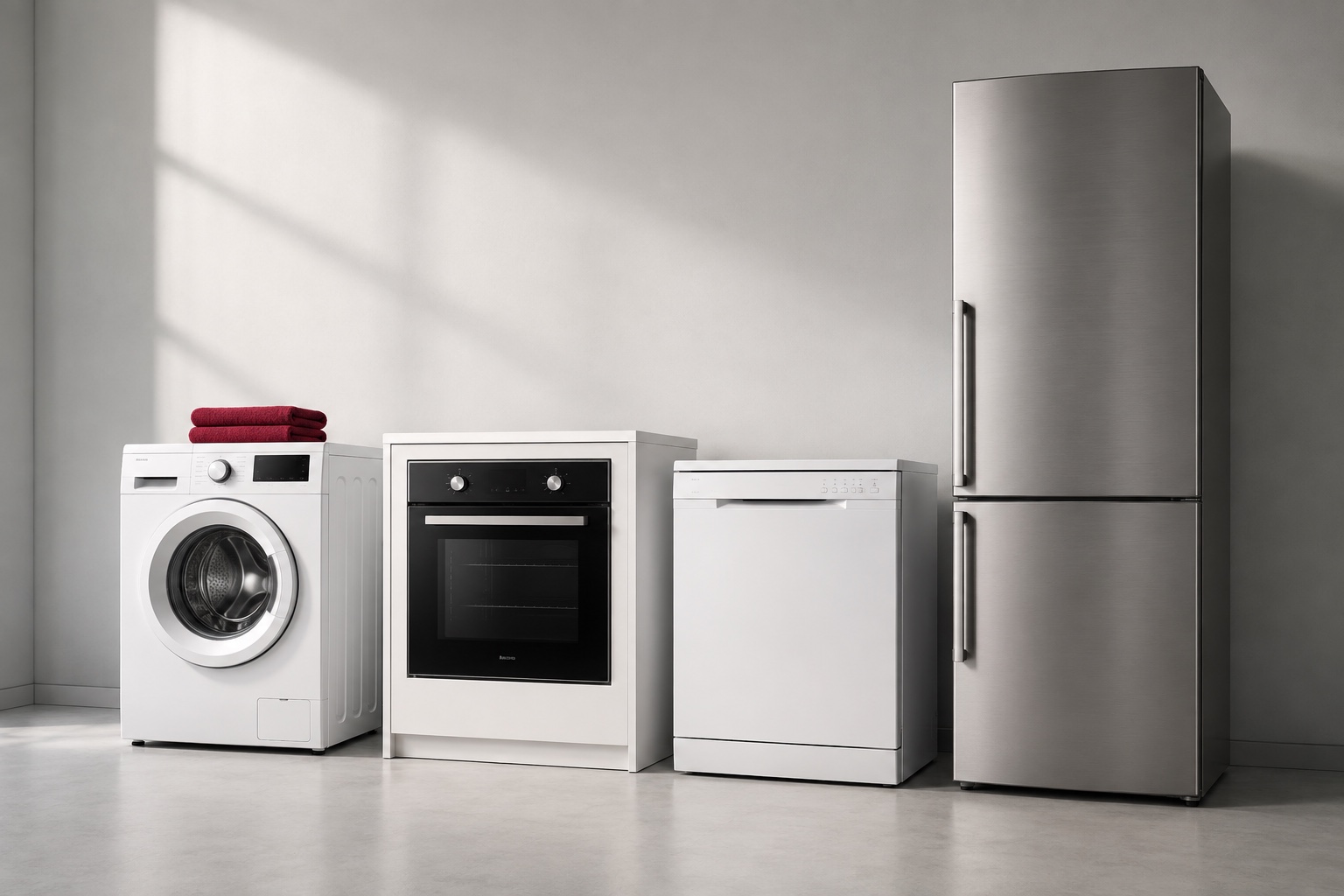 A washing machine, electric oven, dishwasher, and refrigerator arranged in a bright studio