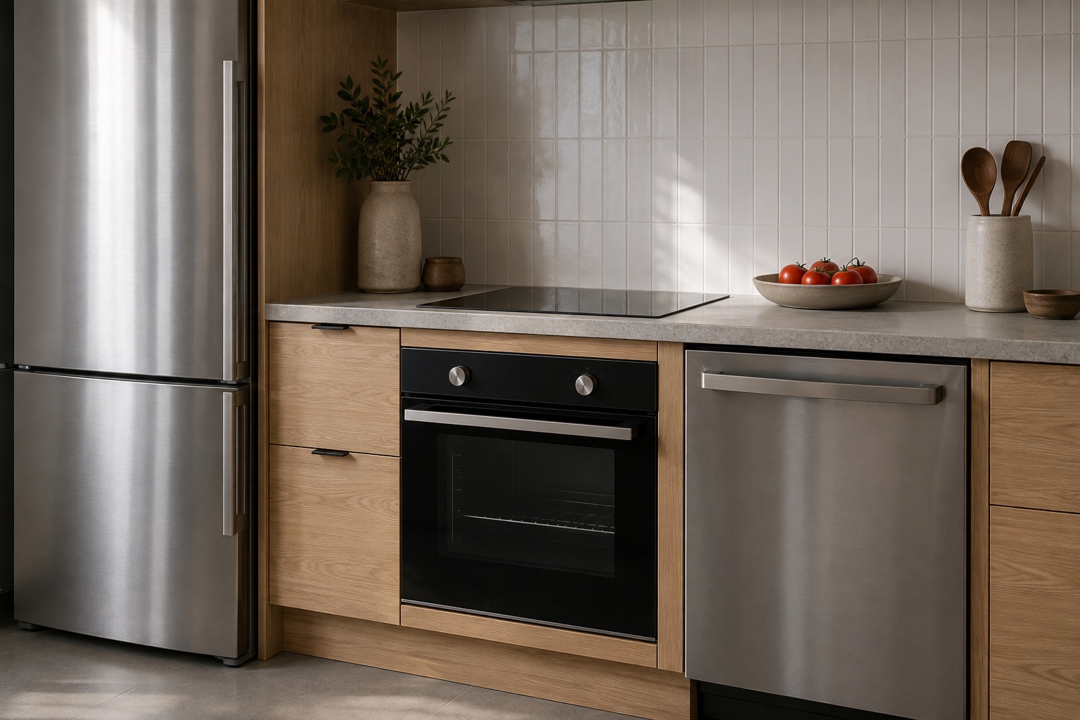 A refrigerator, electric oven, and dishwasher fitted into a contemporary oak kitchen