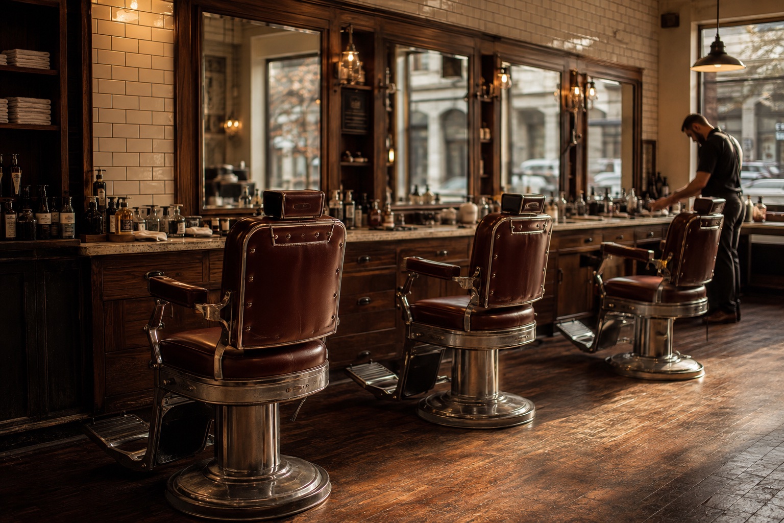 A traditional barber shop with oxblood leather chairs, oak mirrors, and warm natural light