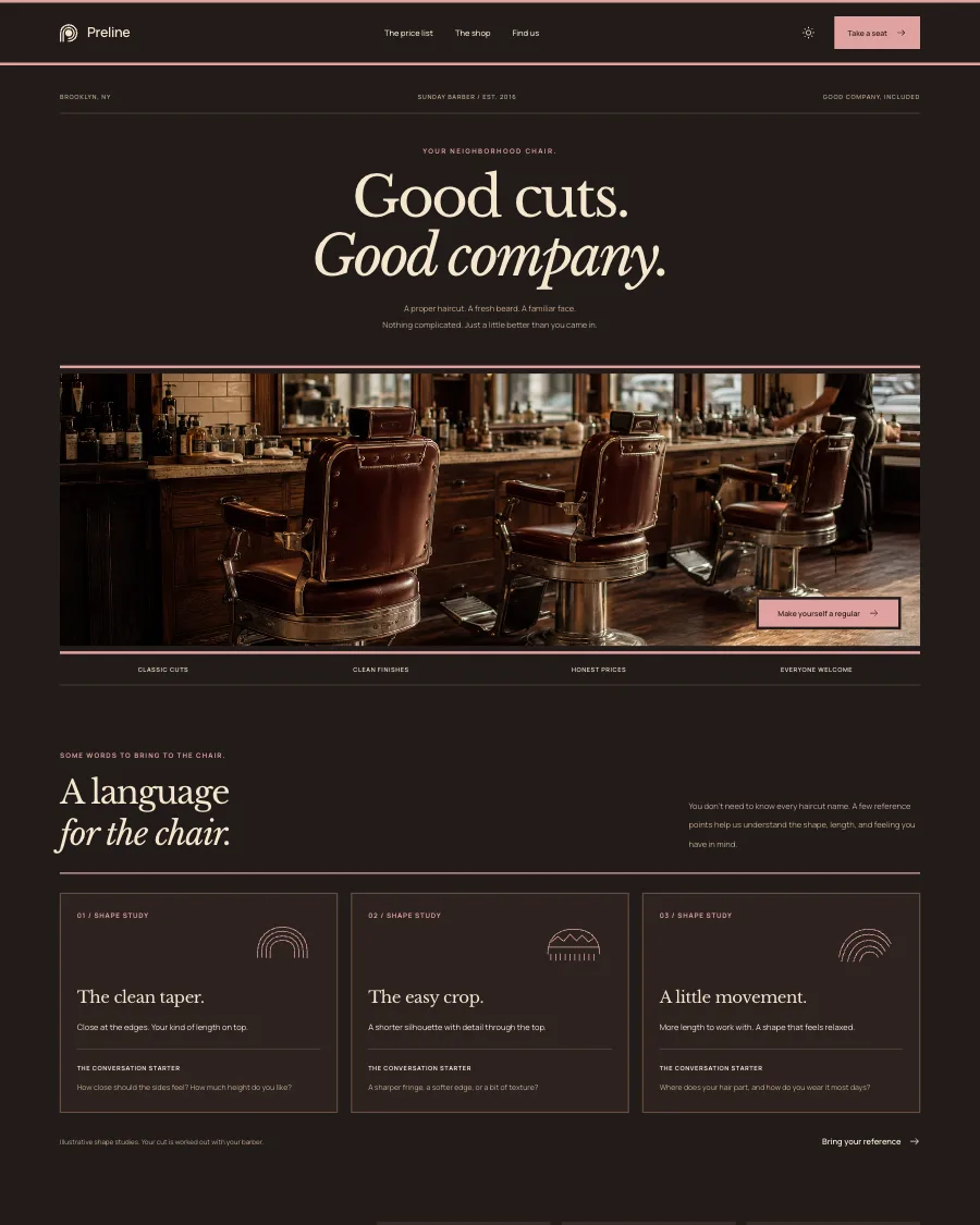 The Sunday Barber demo in dark mode
