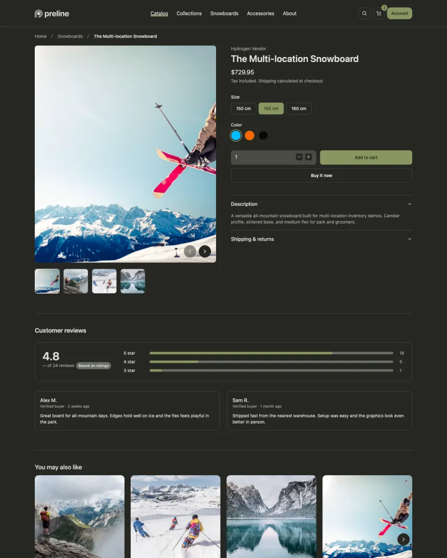 The Online Store demo in dark mode