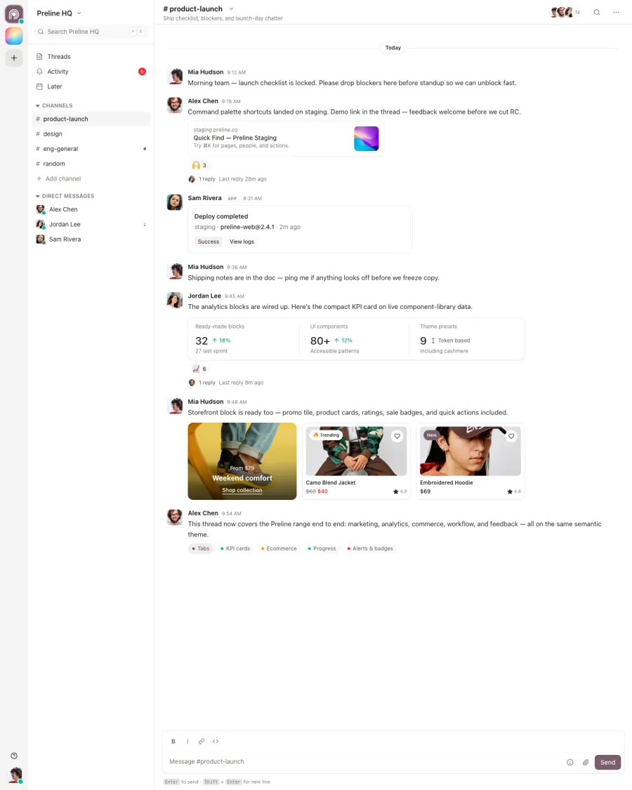 The Team Chat demo in light mode