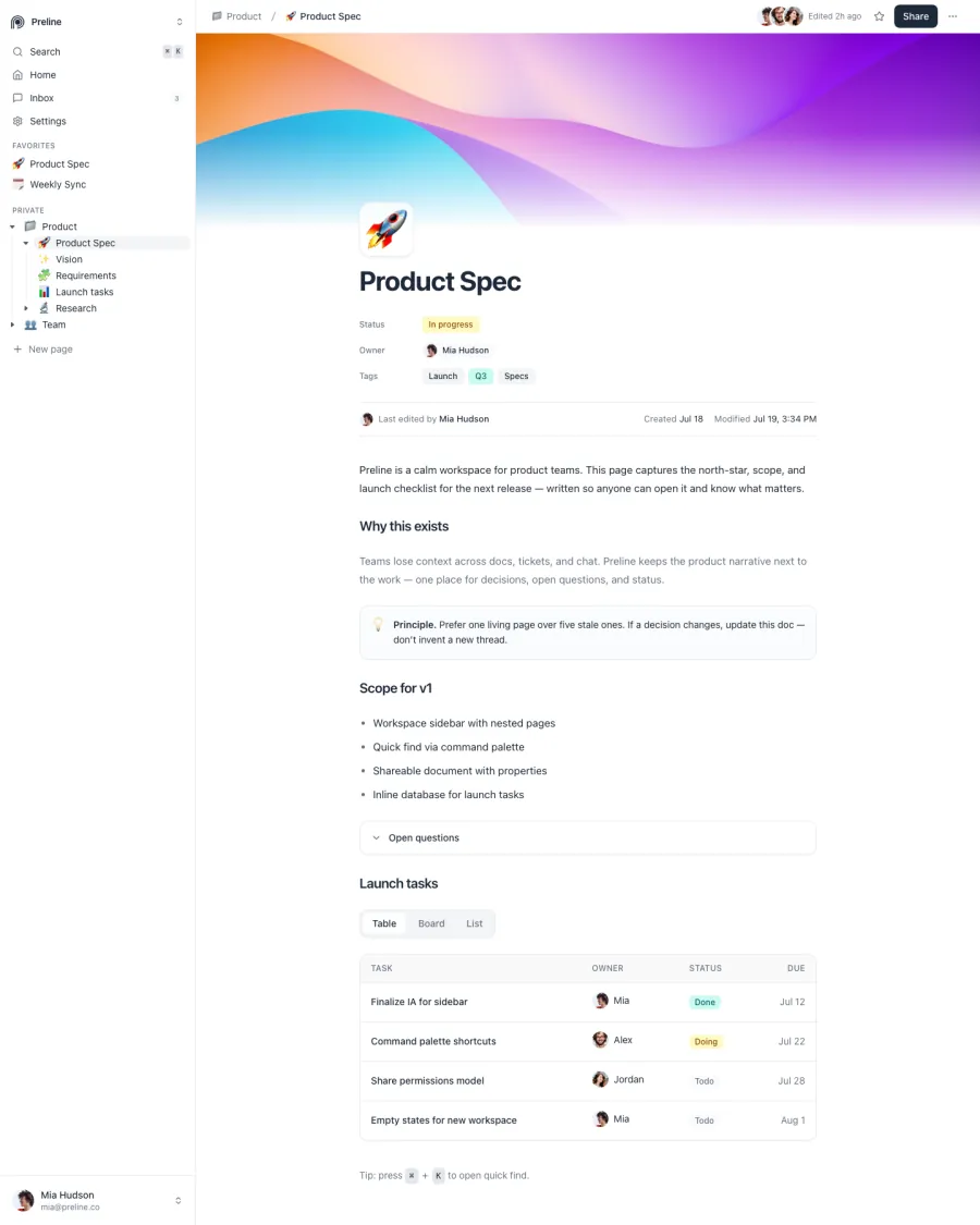 The Product Spec demo in light mode