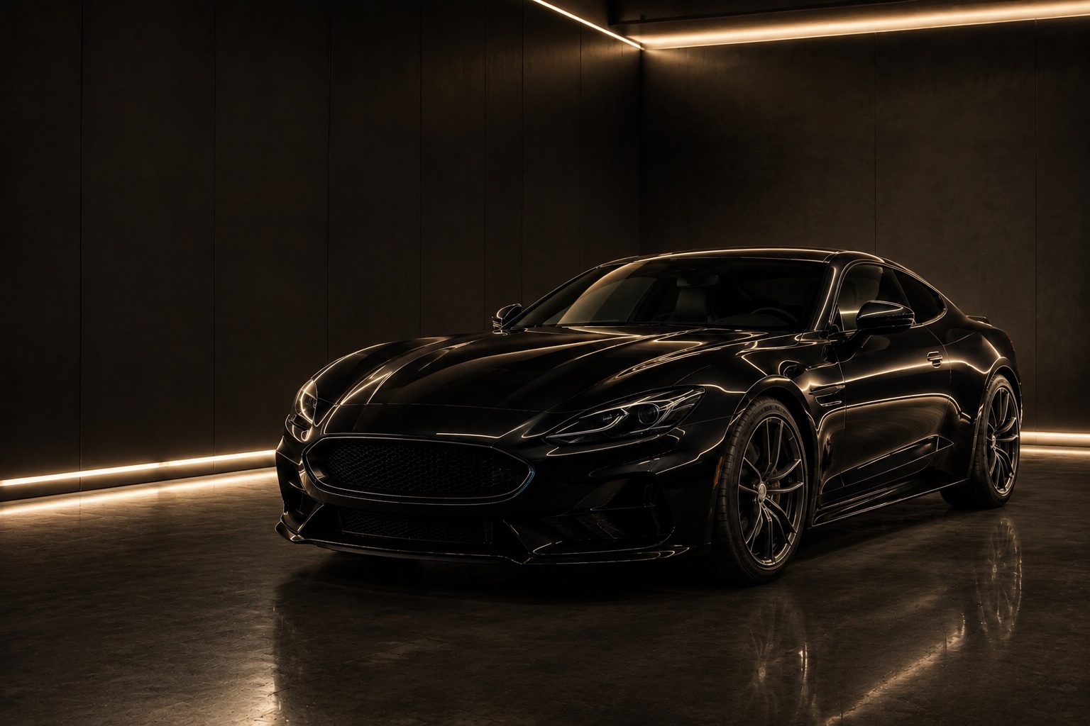 A gloss-black grand touring car under warm studio lighting