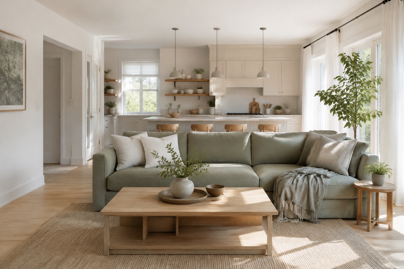 A light-filled living room and kitchen with fresh linen, oak furniture, and a neatly kept space