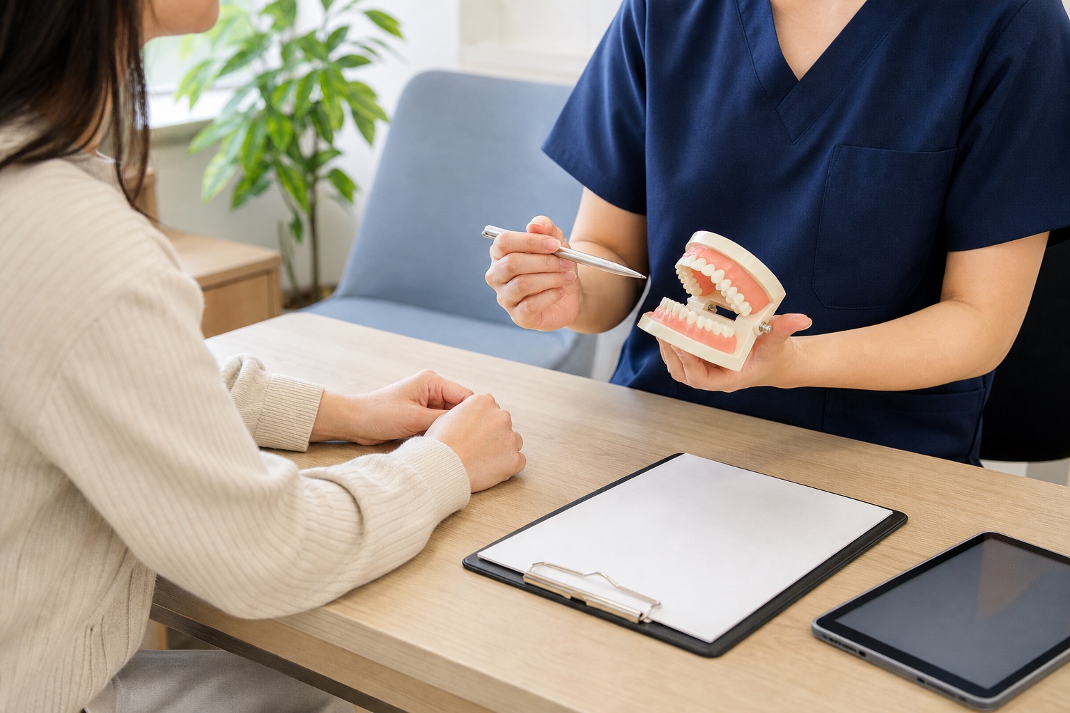 A dentist using a dental model to explain care options during a consultation