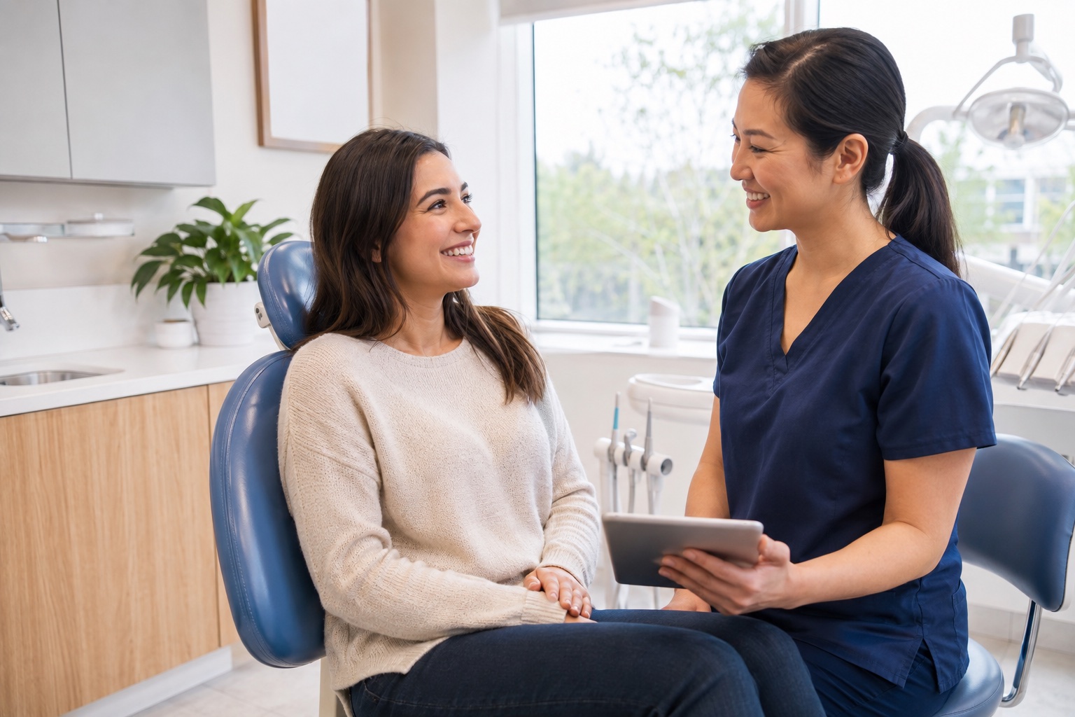 A smiling patient talking with a dentist before an examination
