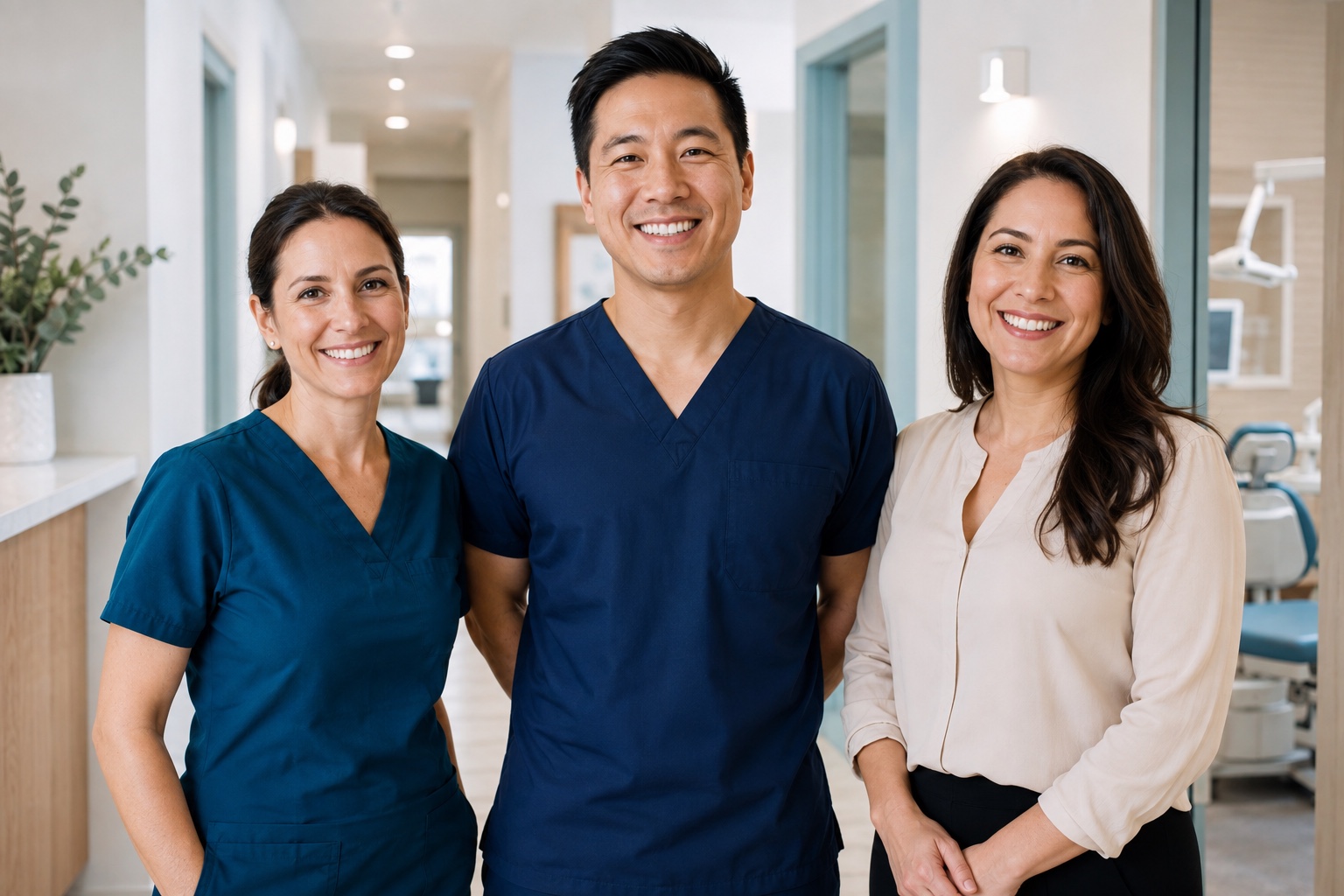 Three members of a dental practice team in a bright clinic hallway