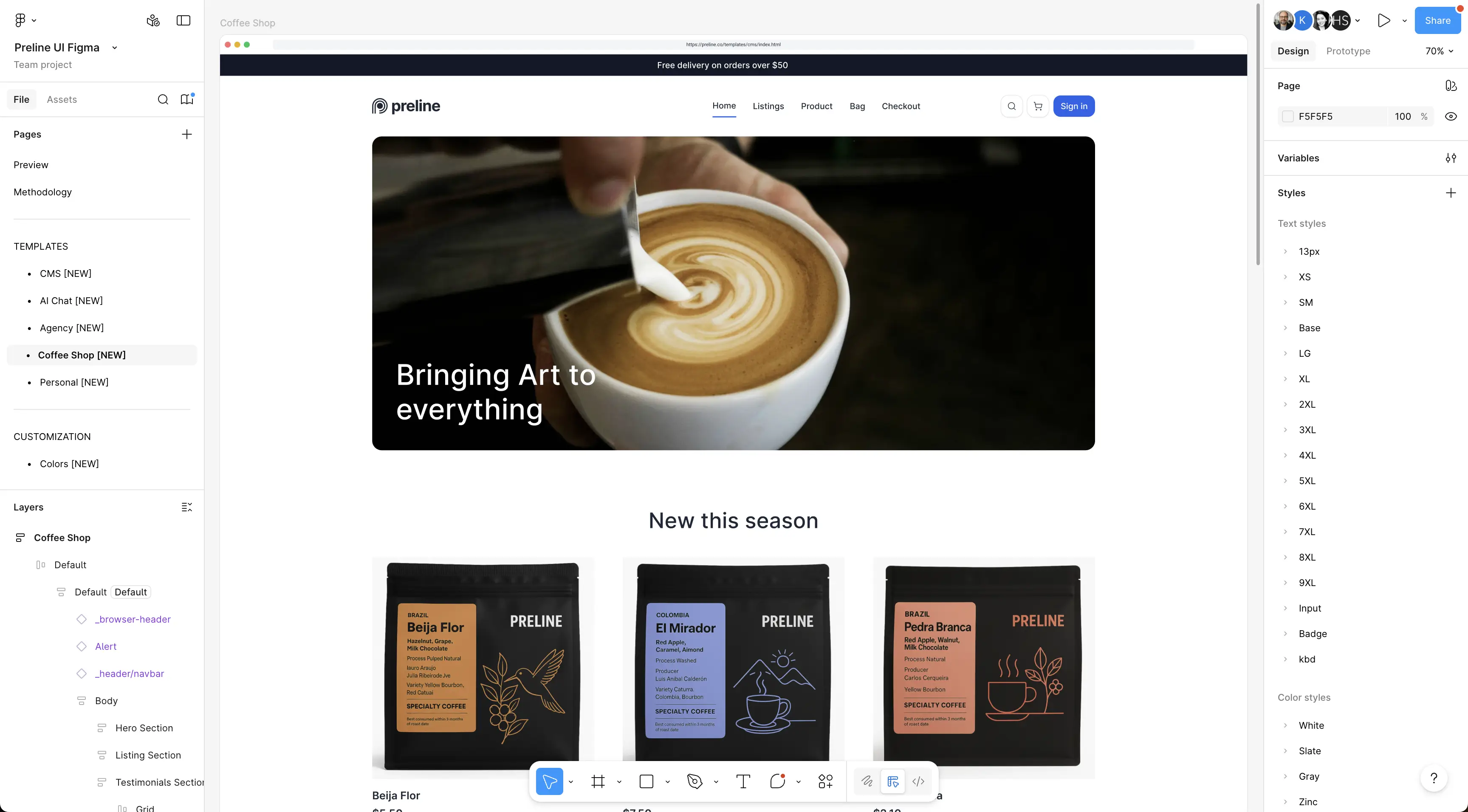 Coffee shop Figma template design page in default light theme