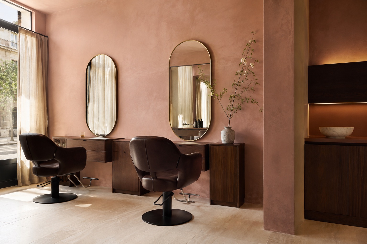 Soft daylight across the oval mirrors, walnut stations, and cocoa leather chairs at Forma