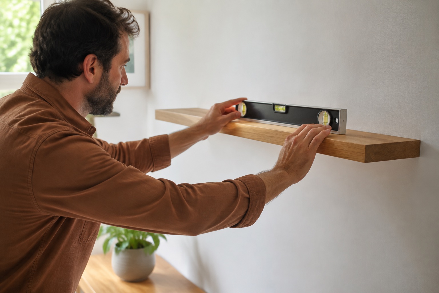 A craftsperson checking the level of a newly mounted wooden shelf