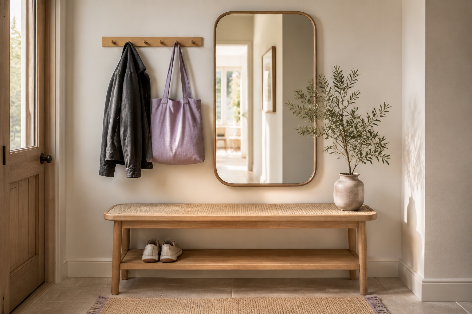 A finished entrance with a fitted coat rail, a rounded mirror, and an oak shoe bench