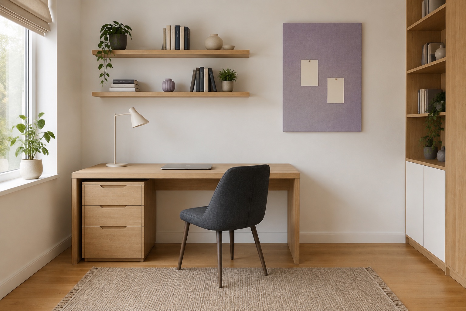 An oak desk and storage with wall-mounted shelves and a noticeboard in a bright home office