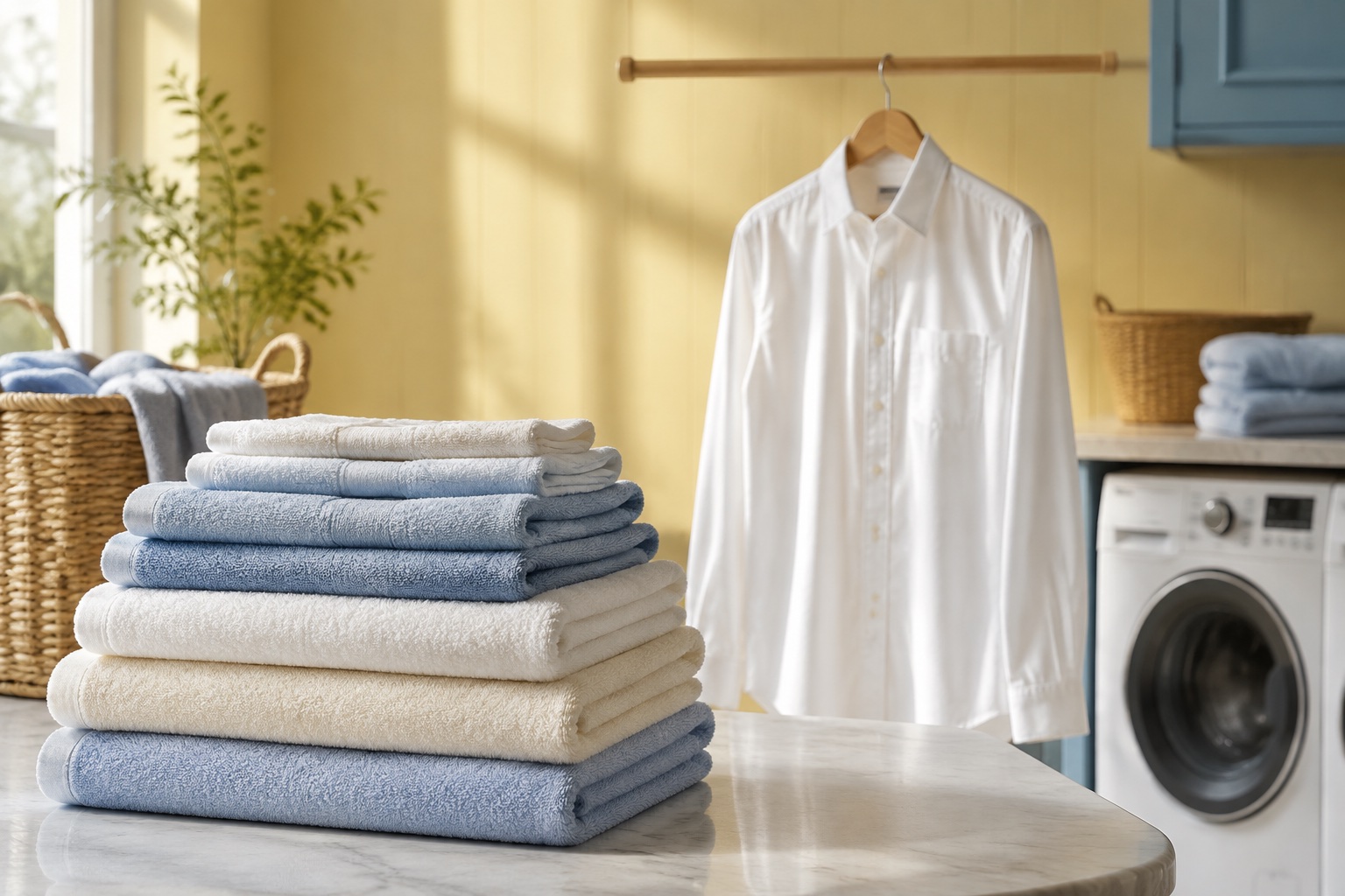 Freshly folded towels and a hanging shirt beside washing machines in a bright laundry