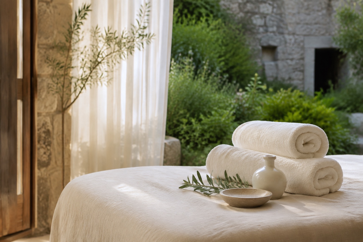 Soft towels and massage essentials ready for a treatment