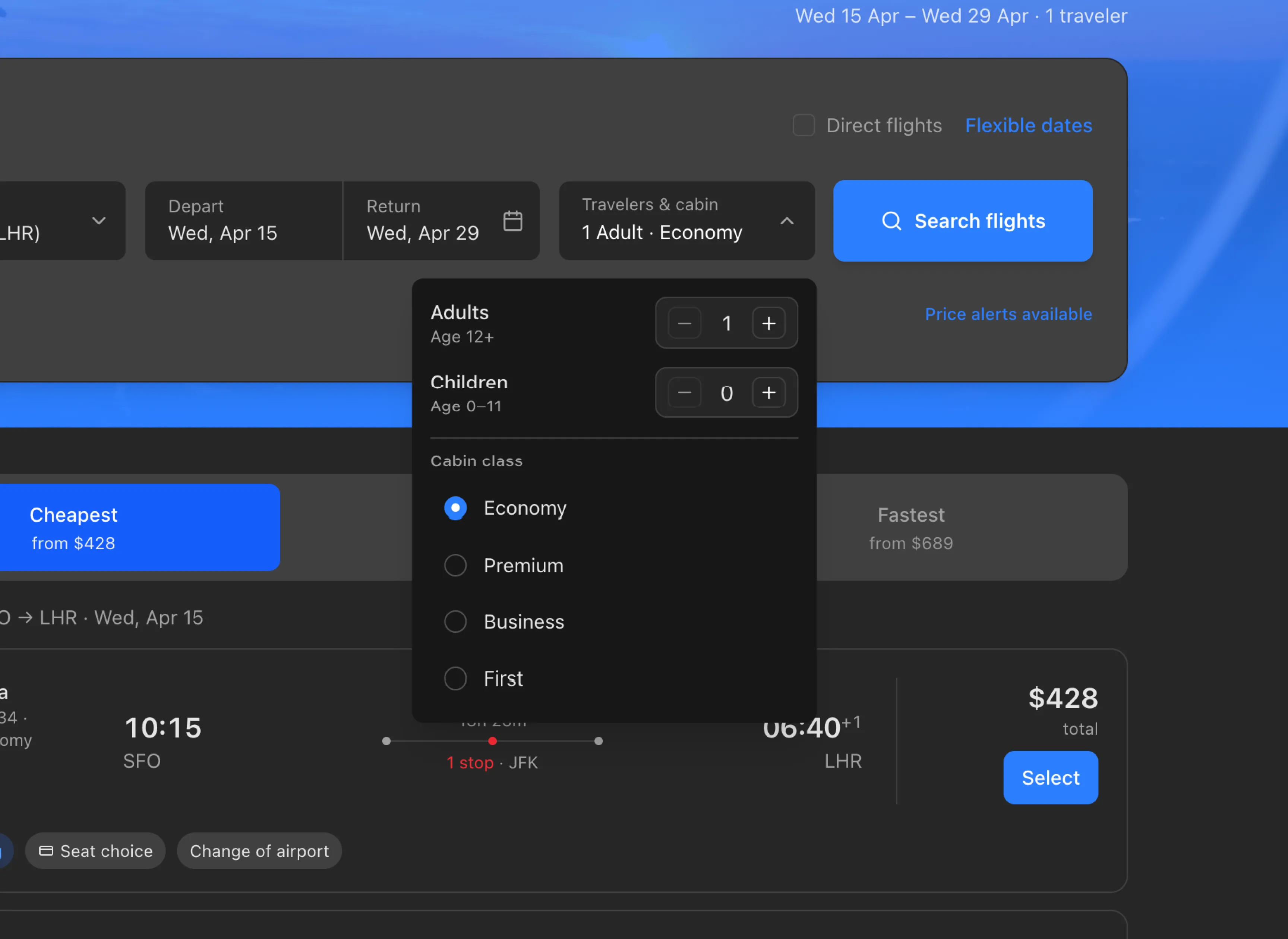 Flight search interface extended with advanced Preline components in dark mode