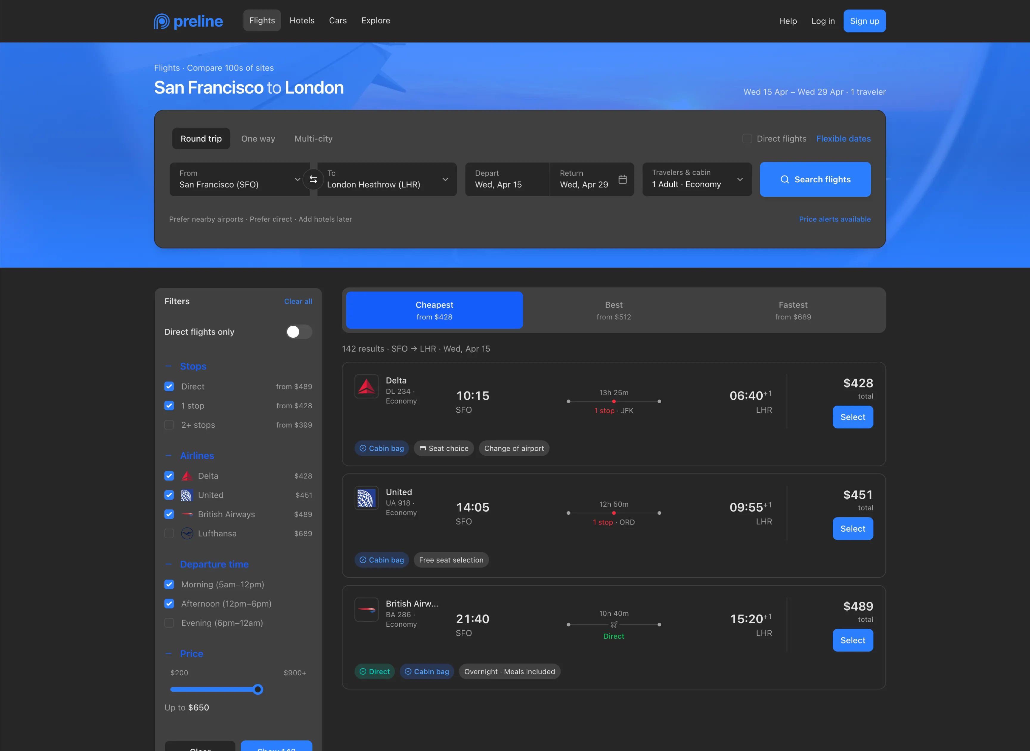 Default flight search interface in dark mode