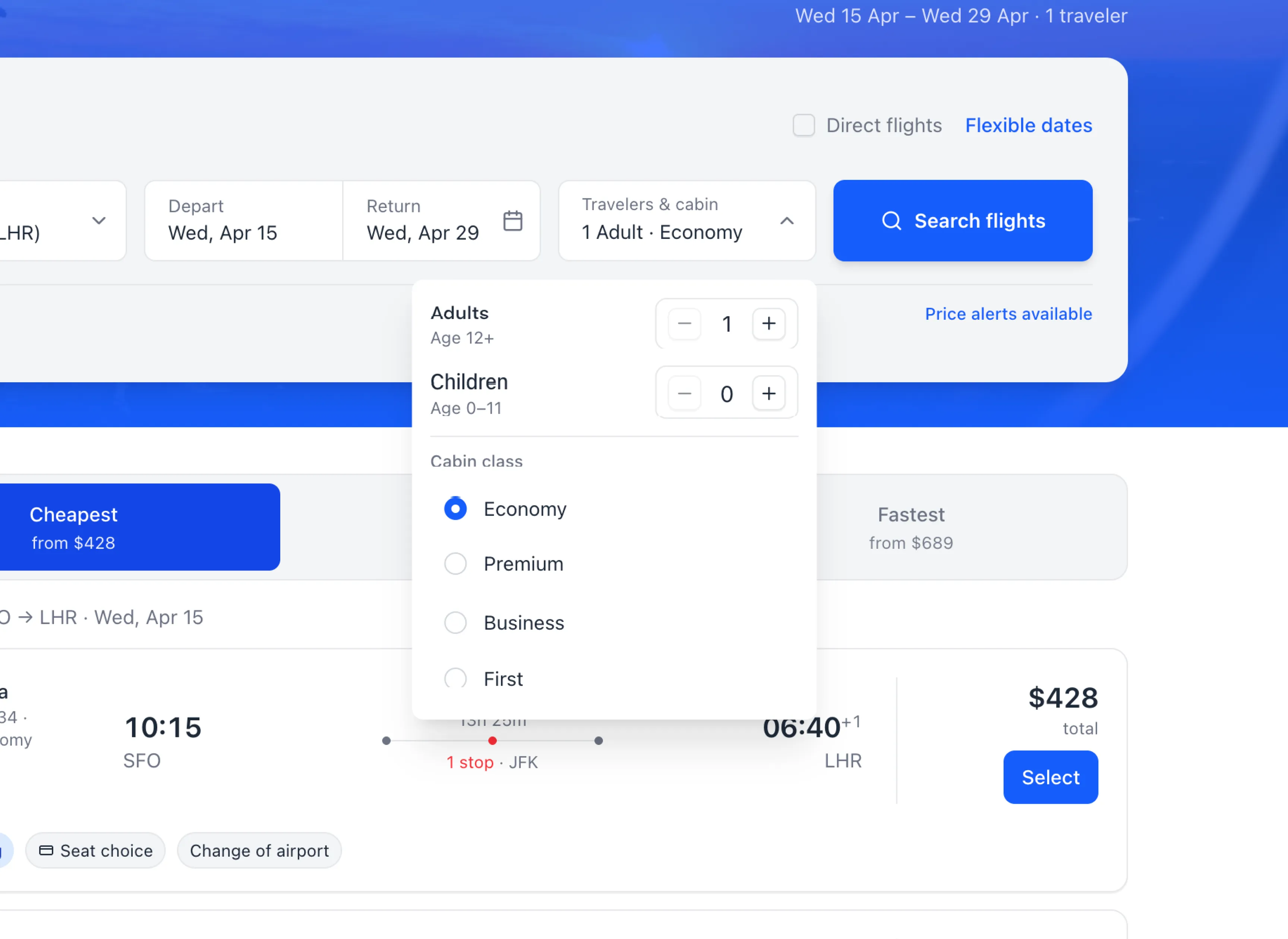 Flight search interface extended with advanced Preline components in light mode