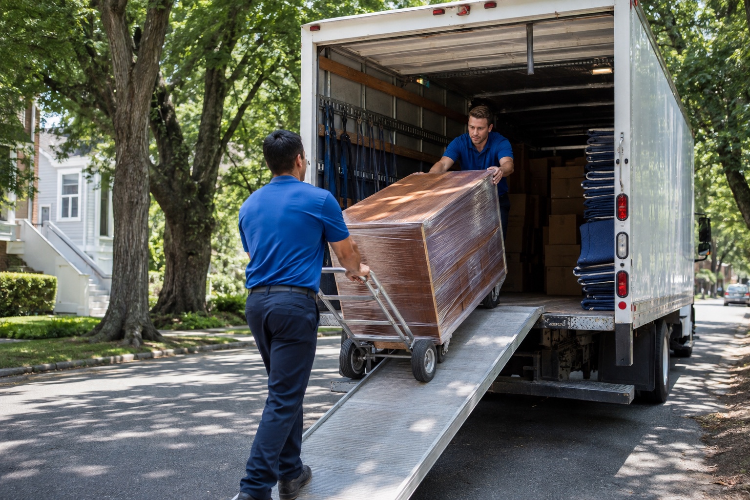 Movers loading protected furniture into an organised moving truck