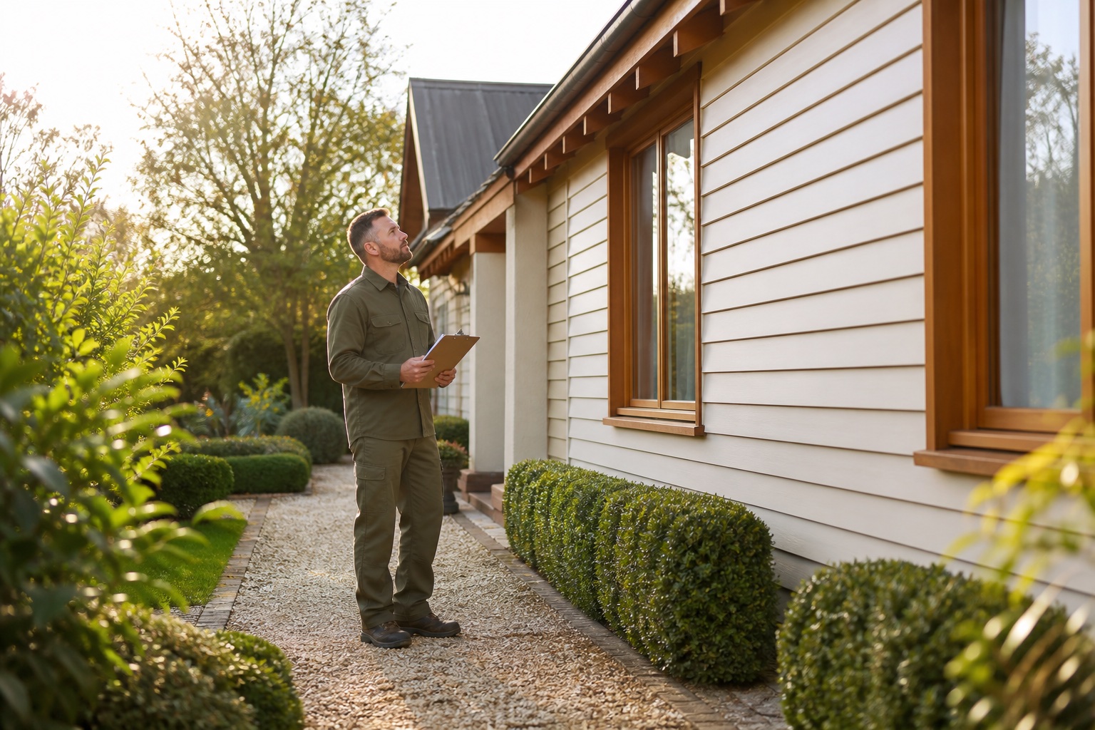 A property inspector examining the exterior of a home beside garden planting