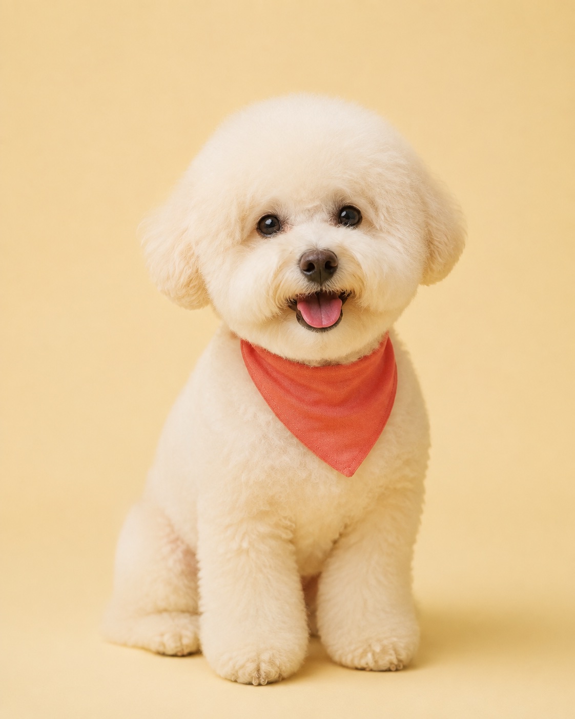 A freshly groomed fluffy cream dog wearing a coral bandana