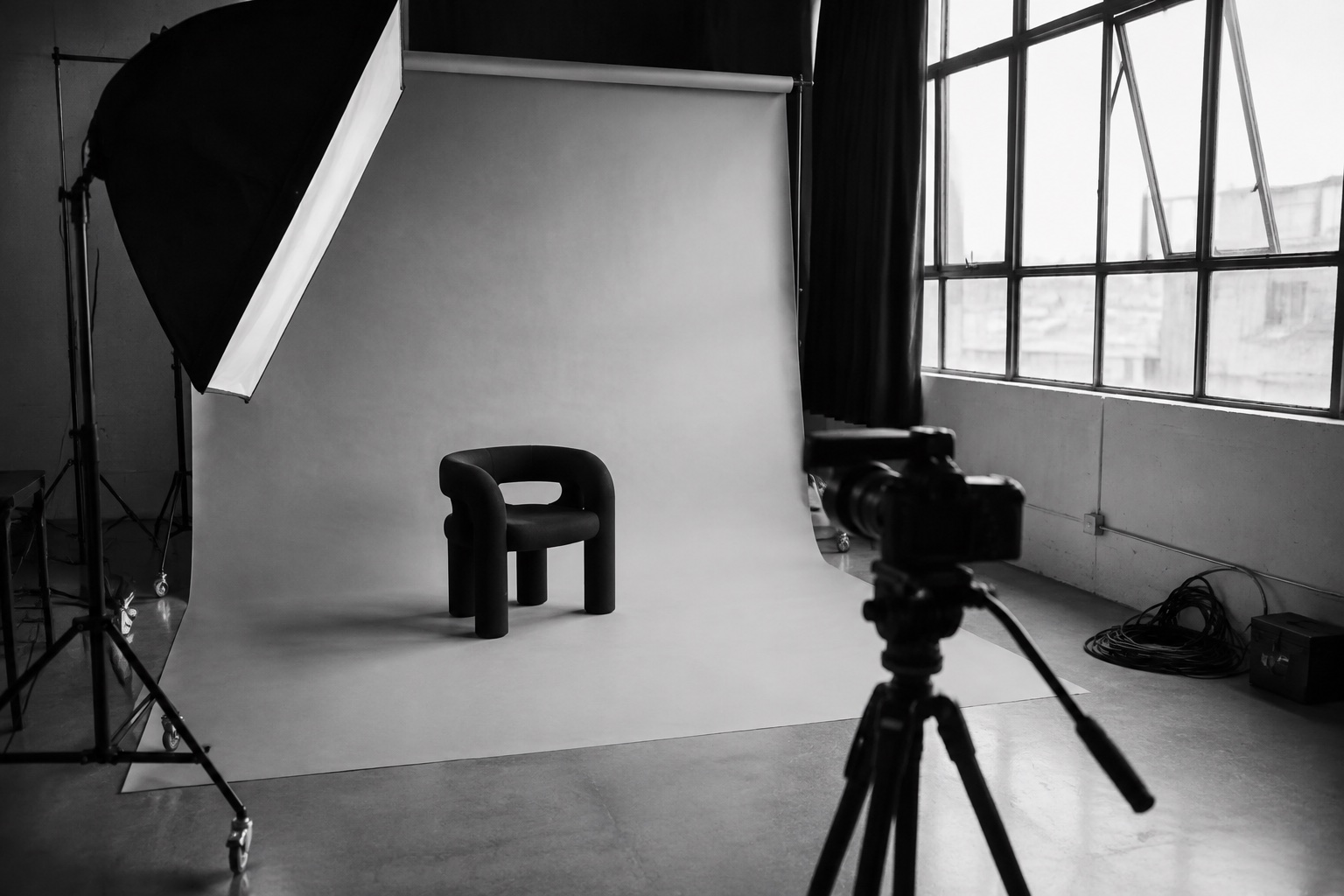 A monochrome photography studio with a softbox, seamless backdrop, chair, and camera between shoots