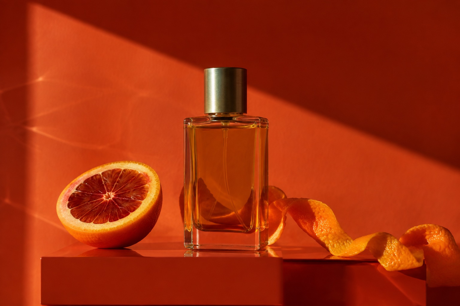 Amber fragrance bottle with a blood orange and curled peel in warm directional studio light