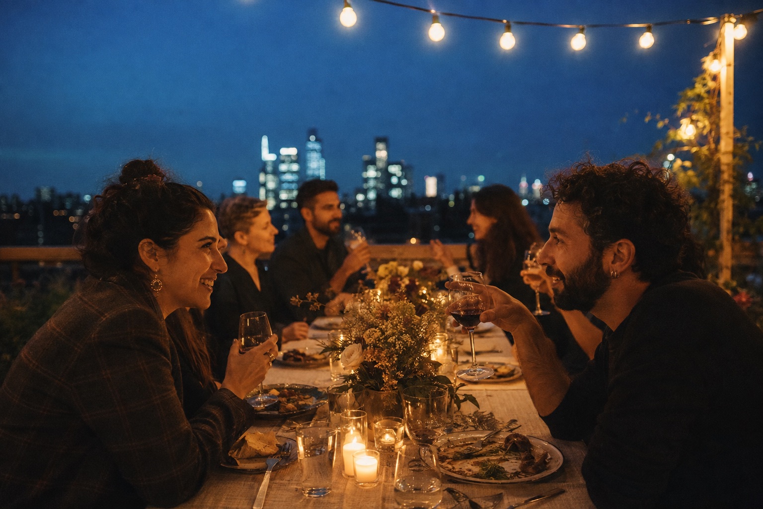 Friends sharing a candlelit rooftop dinner at blue hour with the New York skyline behind them