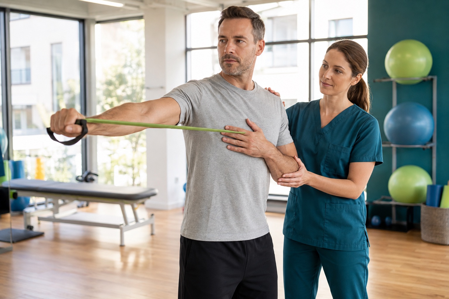 A physiotherapist in teal guiding a patient through a resistance-band movement