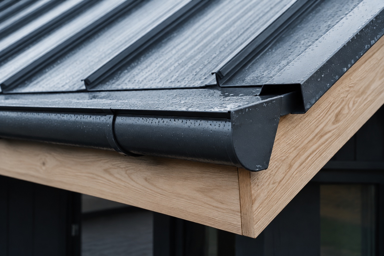 Rain droplets on a metal roof, with a close view of its gutter and timber fascia