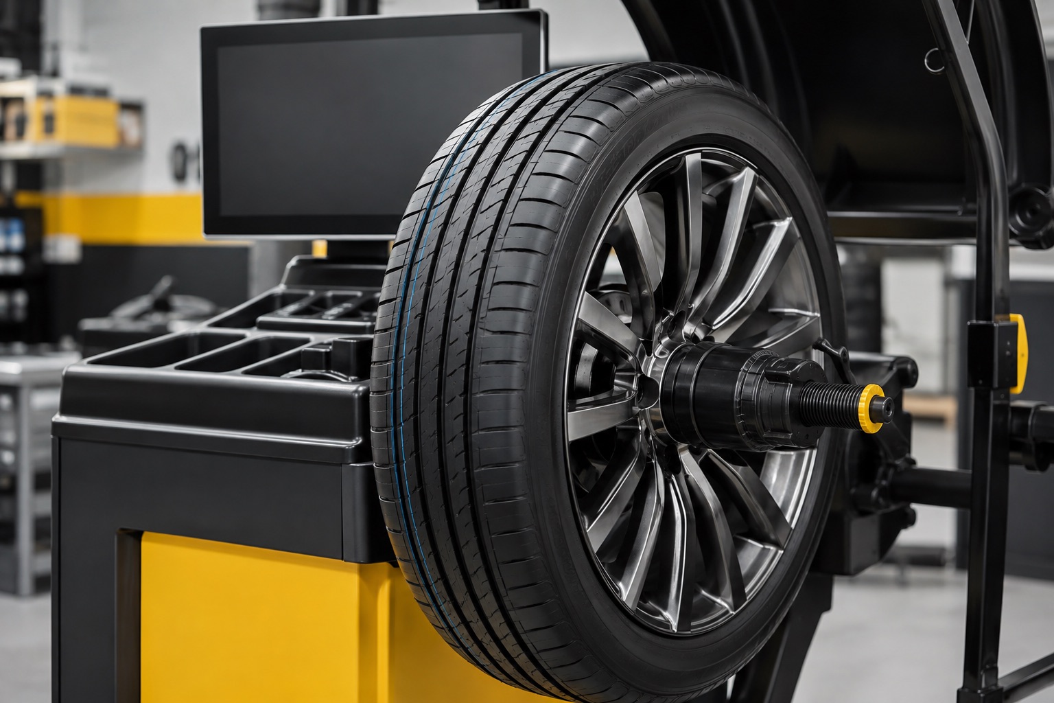 A tyre and alloy wheel beside a professional balancing machine