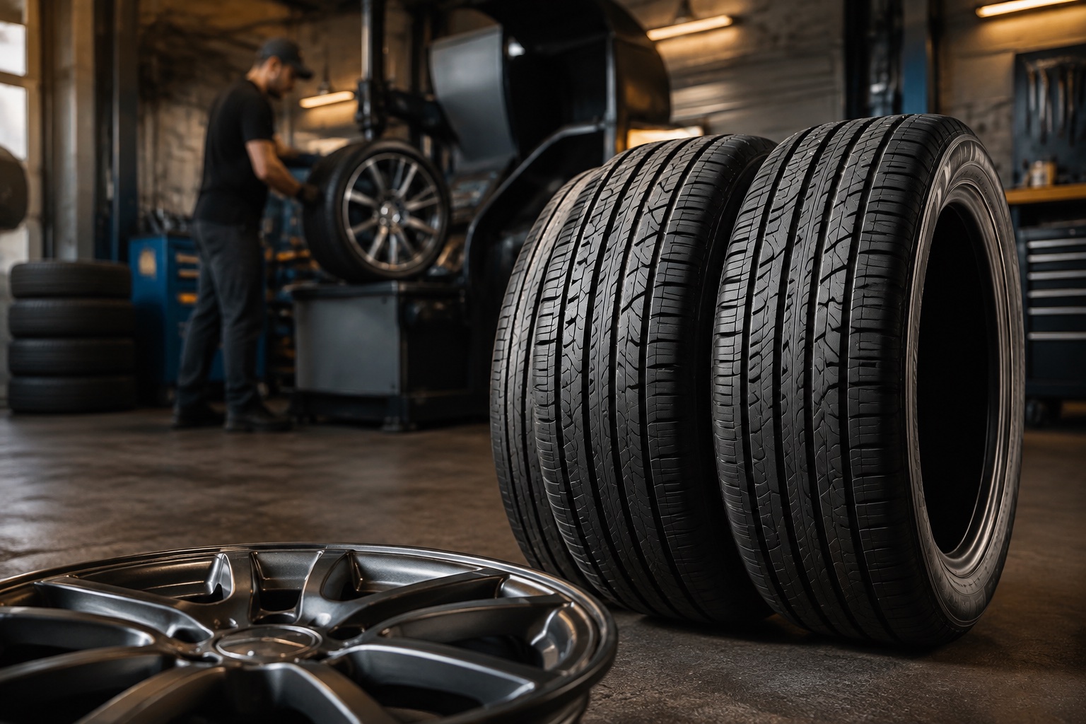 A vehicle tyre and wheel in the foreground of an independent automotive workshop